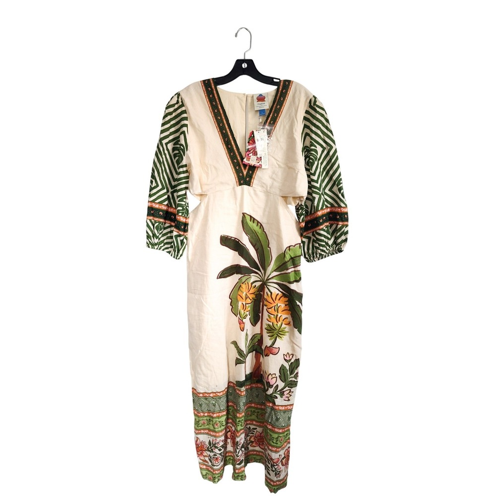 New Farm Rio Maxi Dress Large Palm Linen Blend V-Neck Cutout Puff Sleeve NWT - Picture 3 of 12